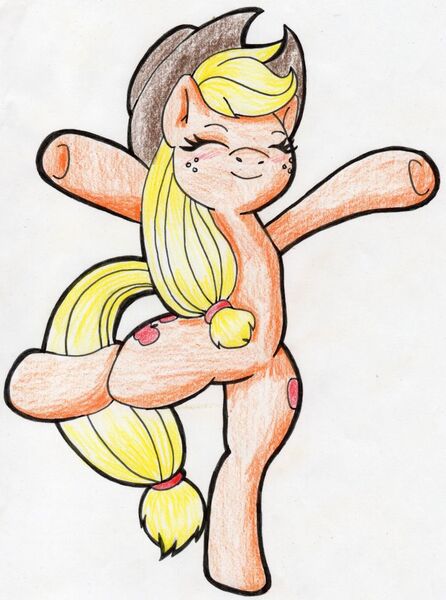 Size: 700x941 | Tagged: safe, artist:joey darkmeat, artist:warumono1989, derpibooru import, applejack, pony, balancing, bipedal, eyes closed, solo, traditional art