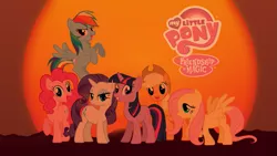 Size: 1191x670 | Tagged: applejack, artist:holsternicholson, artist:kartine29, artist:tigerman002, derpibooru import, fim logo, fluttershy, mane six, my little pony logo, pinkie pie, rainbow dash, rarity, safe, sunset, twilight sparkle, wallpaper