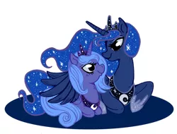 Size: 700x531 | Tagged: artist:s-c-fowlie, derpibooru import, princess luna, s1 luna, safe, self adoption, self ponidox, the fun has been doubled, the woona has been doubled, time paradox, winghug