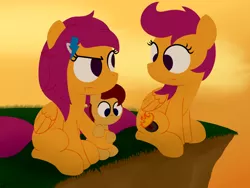 Size: 1280x960 | Tagged: safe, artist:dtcx97, derpibooru import, scootaloo, oc, oc:lightning blitz, pegasus, pony, baby, baby pony, colt, female, foal, male, mother and son, motherly scootaloo, offspring, parent:rain catcher, parent:scootaloo, parents:catcherloo, post-crusade, pregnant scootaloo, self paradox, self ponidox