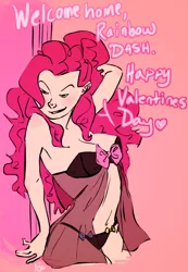 Size: 500x722 | Tagged: artist:scorpiordinance, askhumanpinkiedash, babydoll, bedroom eyes, belly button, black underwear, bra, breasts, clothes, derpibooru import, dialogue, female, grin, human, humanized, lesbian, lingerie, panties, pinkie pie, ribbon, see-through, suggestive, sultry pose, tumblr, underwear, valentine's day