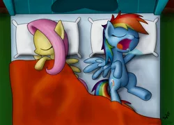 Size: 3200x2300 | Tagged: safe, artist:shinodage, derpibooru import, fluttershy, rainbow dash, bed, drool, sleeping