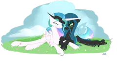 Size: 3000x1500 | Tagged: artist:russiankolz, bedroom eyes, chryslestia, cuddling, derpibooru import, eyes closed, female, grass, horns are touching, lesbian, missing accessory, princess celestia, prone, queen chrysalis, safe, shipping, simple background, smiling, snuggling, transparent background