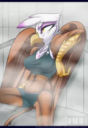 Size: 1024x1486 | Tagged: suggestive, artist:twintailsinc, derpibooru import, gilda, anthro, gryphon, abs, breasts, clothes, female, muscles, sauna, shorts, solo, solo female, sweat, tanktop