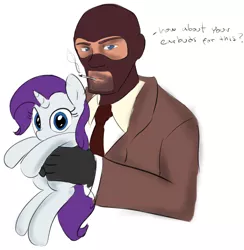 Size: 996x1019 | Tagged: artist needed, safe, derpibooru import, rarity, human, pony, unicorn, balaclava, cigarette, clothes, crossover, dialogue, filly, holding, holding a pony, image, looking at you, necktie, png, simple background, smoking, spy, suit, team fortress 2, trade, white background