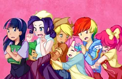 Size: 900x582 | Tagged: applejack, artist:shunao, bad touch, beret, blushing, boob smothering, book, bow, clothes, derpibooru import, embarrassed, fluttershy, hoodie, hug, human, humanized, line-up, mane seven, molestation, no more ponies at source, overalls, pinkie pie, rainbow dash, rarity, safe, spike, sweat, sweatdrop, sweater, sweatershy, twilight sparkle, vest