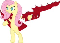 Size: 1280x914 | Tagged: safe, artist:imustenteranurl, derpibooru import, fluttershy, pony, bipedal, crossover, monster hunter, shield, sword, weapon