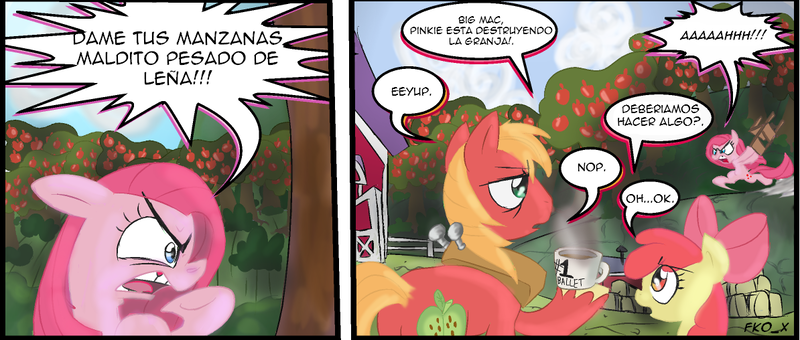 Size: 1194x508 | Tagged: safe, artist:supersheep64, derpibooru import, apple bloom, big macintosh, pinkie pie, earth pony, pony, chair, coffee, comic, farm, g4, male, pinkamena diane pie, spanish, stallion, swapped cutie marks, sweet apple acres, translation