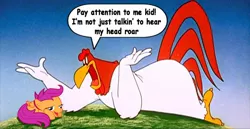 Size: 630x324 | Tagged: chickun, comic sans, crossover, derpibooru import, exploitable meme, foghorn leghorn, forced meme, meme, safe, scootaloo