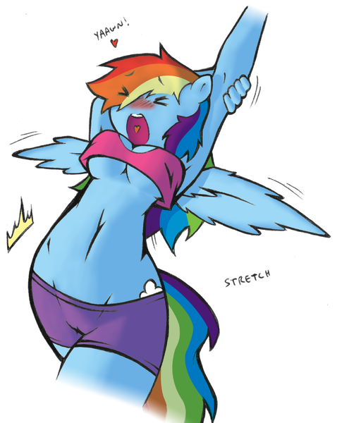 Size: 1119x1405 | Tagged: ambiguous facial structure, anthro, armpits, artist:cold-blooded-twilight, artist:hazama, belly button, blushing, breasts, busty rainbow dash, cameltoe, clothes, colored, compression shorts, derpibooru import, edit, female, heart, midriff, questionable, rainbow dash, shorts, stretching, tanktop, underboob, yawn