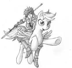 Size: 1500x1407 | Tagged: artist:dj-black-n-white, crossover, derpibooru import, fire emblem, fire emblem: awakening, monochrome, rainbow dash, safe, source needed, spear, sully (fire emblem), traditional art