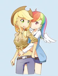 Size: 1000x1302 | Tagged: safe, artist:himeko, derpibooru import, applejack, rainbow dash, appledash, belly button, clothes, earring, female, front knot midriff, hug, hug from behind, humanized, lesbian, midriff, pants, pixiv, shipping, shorts, simple background, winged humanization