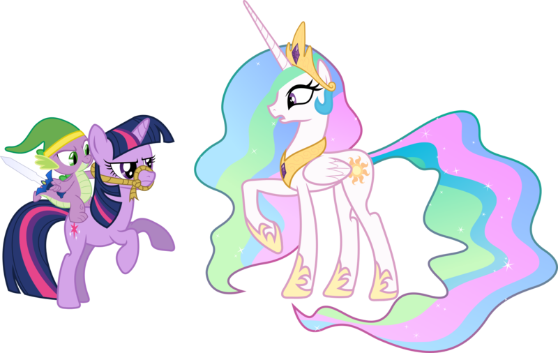 Size: 1707x1080 | Tagged: safe, artist:dolenore, derpibooru import, princess celestia, spike, twilight sparkle, alicorn, dragon, pony, unicorn, cosplay, crown, dragons riding ponies, ethereal mane, female, hat, hoof shoes, jewelry, link, linkspike, male, mare, master sword, peytral, regalia, riding, rope, simple background, sword, the legend of zelda, transparent background, trio, unicorn twilight, vector