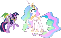 Size: 1707x1080 | Tagged: safe, artist:dolenore, derpibooru import, princess celestia, spike, twilight sparkle, alicorn, dragon, pony, unicorn, cosplay, crown, dragons riding ponies, ethereal mane, female, hat, hoof shoes, jewelry, link, linkspike, male, mare, master sword, peytral, regalia, riding, rope, simple background, sword, the legend of zelda, transparent background, trio, unicorn twilight, vector