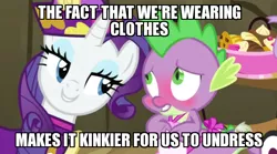 Size: 550x305 | Tagged: suggestive, derpibooru import, edit, edited screencap, screencap, rarity, spike, dragon, pony, unicorn, dragon quest, apron, blushing, caption, clothes, female, hub logo, image macro, male, mare, meme, rarity's bad pickup lines, shipping, sparity, straight, we don't normally wear clothes