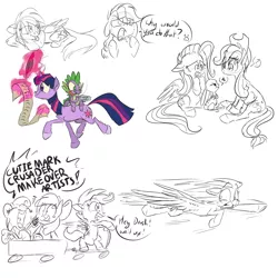 Size: 2000x2000 | Tagged: safe, artist:xenon, derpibooru import, angel bunny, apple bloom, applejack, fluttershy, rainbow dash, scootaloo, spike, sweetie belle, twilight sparkle, dragon, earth pony, pegasus, pony, rabbit, unicorn, cutie mark crusaders, dragons riding ponies, female, magic, male, mare, riding, simple background, sketch dump, telekinesis, unicorn twilight, white background