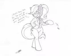 Size: 1071x854 | Tagged: safe, artist:joey darkmeat, derpibooru import, applejack, pony, applebucking thighs, bipedal, crossover, meet the spy, monochrome, sketch, solo, spy, team fortress 2, traditional art, wide hips