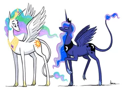 Size: 1000x730 | Tagged: safe, artist:pedantia, derpibooru import, princess celestia, princess luna, alicorn, classical unicorn, pony, cloven hooves, duo, female, leonine tail, phoebe and her unicorn, prancing, signature, simple background, spread wings, white background, wings