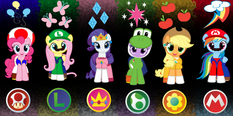 Size: 3600x1800 | Tagged: safe, artist:rainbowmario11, artist:roseallenda, derpibooru import, applejack, fluttershy, pinkie pie, rainbow dash, rarity, twilight sparkle, butterfly, earth pony, insect, pony, yoshi, apple, apple daisy, aqua eyes, balloon, blonde hair, blonde mane, blue eyes, blue skin, cap, clothes, cosplay, costume, crossover, crossover shipping, crown, cutie mark, daisy jack, daisyjack, diamond, ear piercing, earring, egg, female, flower, fluigi, flutteruigi, food, gem, gloves, green eyes, hat, image, jewelry, luigi, luigi's hat, luigishy, male, mane six, maridash, mario, mario & luigi, mario's hat, multicolored hair, mushroom hat, nintendo, orange skin, piercing, pink hair, pink mane, pink skin, pinkie toad, png, princess applejack, princess daisy, princess peach, princess rarity, purple eyes, purple hair, purple mane, purple skin, rainbomario, rainborio, rainbow, rainbow hair, raripeach, red eyes, regalia, shipping, shoes, sparkles, straight, super mario bros., super mario land, symbol, toad (mario bros), toad pie, toadie pie, twilight yoshi, twilight yoshle, vest, white skin, wings, yellow hair, yellow mane, yellow skin, yoshi egg, yoshi sparkle, yoshilight, yoshlight sparkle