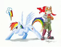 Size: 3300x2552 | Tagged: artist:primogenitor34, crossover, cutie mark, derpibooru import, fox, fox mccloud, nintendo, rainbow dash, safe, star fox, traditional art