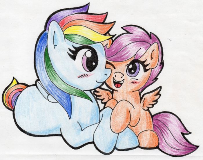 Size: 700x550 | Tagged: artist:warumono1989, derpibooru import, rainbow dash, safe, scootaloo, scootalove, traditional art