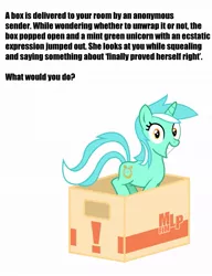 Size: 759x986 | Tagged: box, bronybait, derpibooru import, excited, irrational exuberance, lyra heartstrings, meme, safe, text, what do