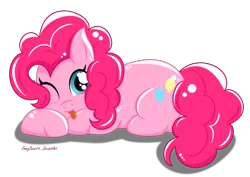 Size: 1440x1020 | Tagged: safe, artist:emmybear24, derpibooru import, pinkie pie, earth pony, pony, :p, female, looking at you, mare, one eye closed, prone, simple background, solo, tongue out, transparent background, wink