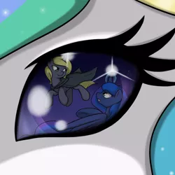 Size: 2500x2500 | Tagged: artist:theparagon, close-up, colored pupils, derpibooru import, eye, fight, followers, hunted luna, oc, oc:moonshroud, princess celestia, princess luna, reflection, safe, thanks