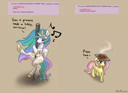 Size: 1190x866 | Tagged: safe, artist:mlpanon, derpibooru import, fluttershy, princess celestia, alicorn, pegasus, pony, 4chan, bedroom eyes, blushing, cute, cutelestia, female, floppy ears, mare, music notes, pizza, pole dancing, request, shyabetes, signature, smiling, stripper pole