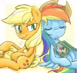 Size: 585x558 | Tagged: safe, artist:ichigoaimin, derpibooru import, applejack, daring do, rainbow dash, accessory swap, appledash, book, female, lesbian, shipping, sleeping