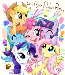 Size: 600x689 | Tagged: safe, artist:ichigoaimin, derpibooru import, applejack, fluttershy, pinkie pie, rainbow dash, rarity, twilight sparkle, action poster, cupcake, happy, hat, mane six, party hat, present, smiling