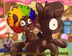 Size: 894x700 | Tagged: safe, artist:tweissie, derpibooru import, oc, oc:chocolate pony, oc:rice paddy, ponified, unofficial characters only, chocolate pony, food pony, original species, pony, ask little rice paddy, afro circus, descriptive noise, food, madagascar, meme, muffled rap music playing in distance