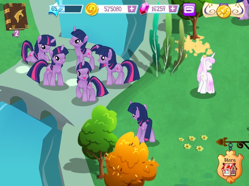 Size: 2048x1536 | Tagged: safe, derpibooru import, fleur-de-lis, twilight sparkle, alicorn, changeling, pony, unicorn, bridge, clones, female, gameloft, gameloft shenanigans, mare, multeity, river, self ponidox, sparkle sparkle sparkle, tree, unicorn twilight