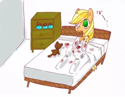 Size: 945x738 | Tagged: applejack, ask-houtai-applejack, bandage, bed, derpibooru import, japanese, semi-grimdark, teddy bear, tumblr