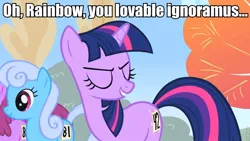 Size: 900x509 | Tagged: 42, berry punch, berryshine, caption, damien sandow, derpibooru import, fall weather friends, image macro, linky, roflbot, safe, screencap, shoeshine, text, twilight sparkle, wwe