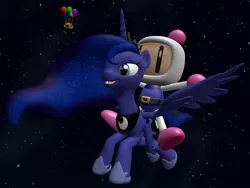 Size: 900x675 | Tagged: 3d, artist:jjsonicblast86, bomberman, crossover, derpibooru import, flying, friendship, princess luna, safe, space