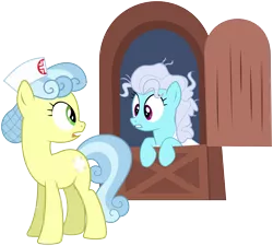 Size: 6000x5397 | Tagged: safe, artist:masem, derpibooru import, nurse coldheart, nurse snowheart, screw loose, earth pony, pony, just for sidekicks, absurd resolution, confused, door, duo, duo female, female, mare, simple background, transparent background, vector