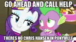 Size: 550x305 | Tagged: suggestive, derpibooru import, edit, edited screencap, screencap, rarity, spike, dragon, pony, unicorn, dragon quest, apron, bedroom eyes, blushing, caption, chris hansen, clothes, female, hub logo, image macro, implied foalcon, implied rape, male, mare, meme, rarity's bad pickup lines, shipping, sparity, straight, this will end in jail time