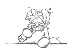 Size: 2783x1834 | Tagged: artist:leadhooves, bottle, derpibooru import, drunk, glasses, grayscale, monochrome, oc, oc:kneaded rubber, safe, solo, unofficial characters only