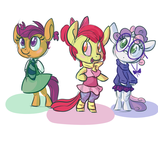 Size: 1000x1000 | Tagged: safe, artist:ponygoggles, derpibooru import, apple bloom, scootaloo, sweetie belle, pony, semi-anthro, :o, alvin and the chipmunks, bipedal, blushing, brittany miller, clothes, crossover, cute, cutie mark crusaders, eleanor miller, glasses, head tilt, jeanette miller, looking at you, neckerchief, necktie, open mouth, simple background, skirt, smiling, sweater, the chipettes, turtleneck, white background