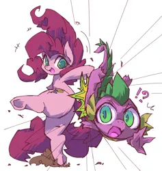 Size: 946x1000 | Tagged: safe, artist:kolshica, derpibooru import, pinkie pie, spike, changeling, chubby, kick, plump, spikeabuse