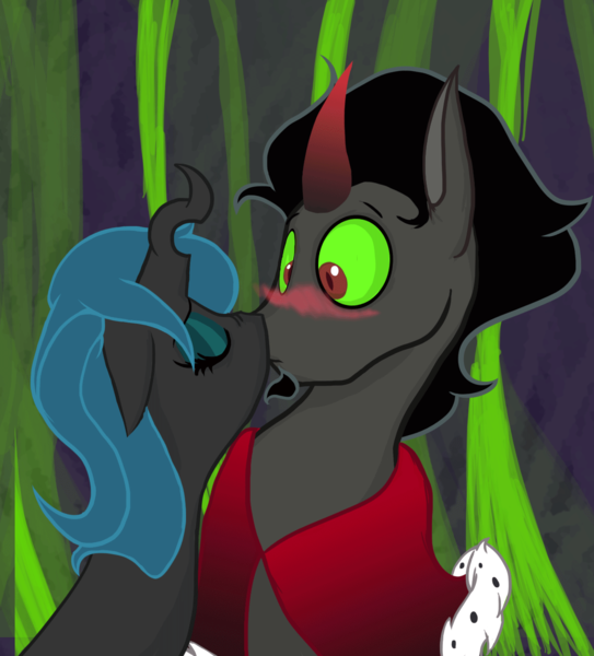 Size: 1237x1366 | Tagged: safe, artist:riquis101, derpibooru import, edit, king sombra, queen chrysalis, changeling, changeling queen, pony, unicorn, blushing, chrysombra, cute, cutealis, female, kissing, male, shipping, sombradorable, straight, younger