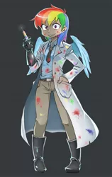 Size: 800x1269 | Tagged: artist:shepherd0821, clothes, derpibooru import, fanfic:rainbow factory, female, human, humanized, lab coat, looking at you, rainbow dash, semi-grimdark, solo, syringe, winged humanization