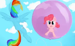 Size: 3000x1855 | Tagged: artist:doe-shmo, balloon, cloud, cloudy, derpibooru import, pinkie pie, pinkie pie trapped in a balloon, rainbow dash, safe, sky, then watch her balloons lift her up to the sky