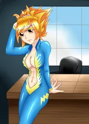 Size: 722x1000 | Tagged: abs, artist:viracon, belly button, breasts, busty spitfire, cleavage, clothes, derpibooru import, eyeshadow, female, humanized, leaning, looking at you, smiling, solo, solo female, spitfire, suggestive, uniform, wonderbolts uniform