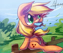 Size: 2378x2009 | Tagged: applejack, artist:jggjqm522, breeze, cute, dead source, derpibooru import, fence, food, ice cream, jackabetes, popsicle, safe, sea salt ice cream, sitting, solo, wind, windswept mane