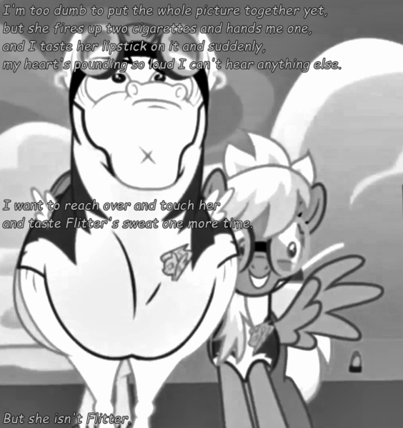 Size: 656x698 | Tagged: bulk biceps, cloudchaser, cloudrage, comic sans, derpibooru import, image macro, monochrome, safe, sin city, wonderbolts academy