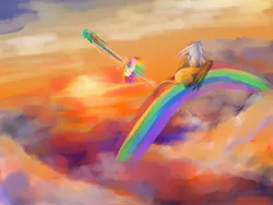 Size: 1600x1200 | Tagged: safe, artist:nabe, derpibooru import, gilda, rainbow dash, gryphon, pony, cloud, cloudy, female, flying, mare, rainbow, scenery, sonic rainboom, sunset