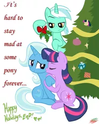 Size: 900x1124 | Tagged: safe, artist:willdrawforfood1, derpibooru import, bon bon, lyra heartstrings, sweetie drops, trixie, twilight sparkle, christmas tree, female, heartstrings, holly, holly mistaken for mistletoe, kissing, lesbian, shipping, tree, twixie