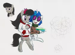 Size: 1000x731 | Tagged: safe, artist:willdrawforfood1, derpibooru import, octavia melody, vinyl scratch, pony, bipedal, female, heart, hug, kissing, lesbian, scratchtavia, shipping, sketch